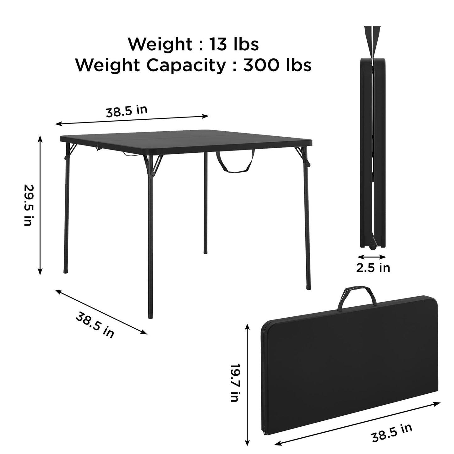 Cosco XL 38.5" Resin Fold-in-Half Card Table, Black, Wheelchair Accessible, Lightweight, Pinch-Free Locking System