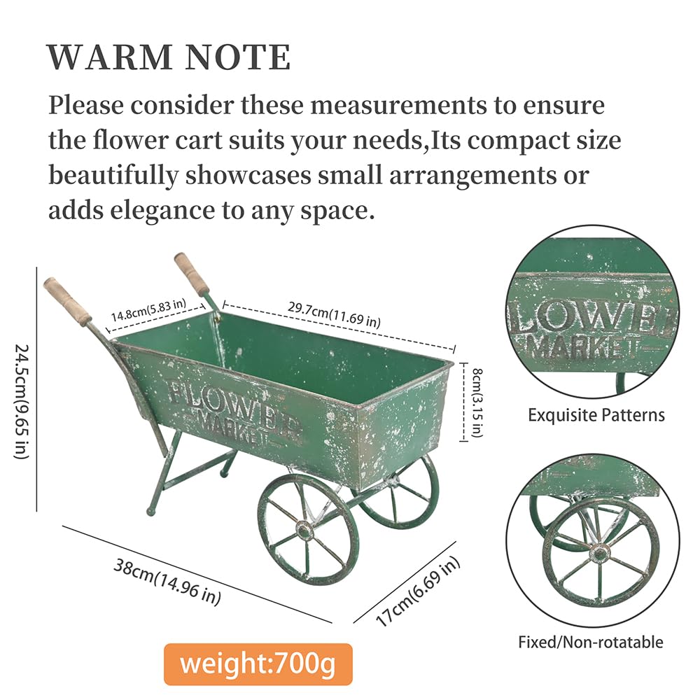 Z² BellaDecor 15 Inch Farmhouse Small Flower Cart with Wooden Handles Metal Wagon Planters for Outdoor Plants Decorative Wheelbarrow Plant Cart for Patio Garden Balcony Green