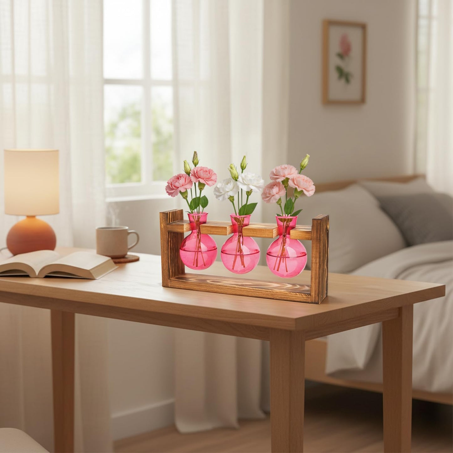 XXXFLOWER Glass Plant Terrarium Propagation Station, Gifts for Mom Plant Lovers Wife Daughter, 3 Bulb Glass Vase Plant Terrarium Tabletop for Hydroponics Home Office Indoor Decor (Pink)