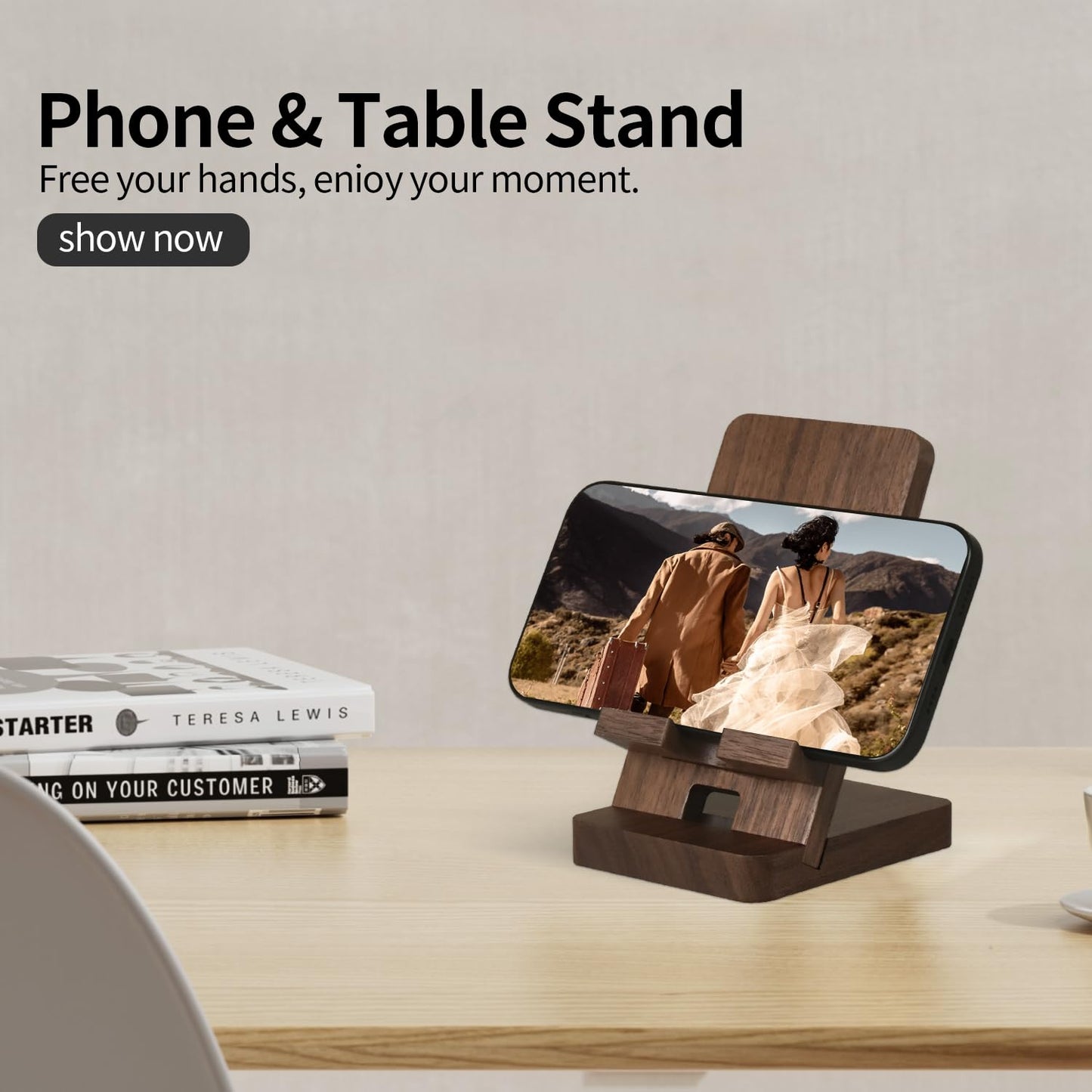 LUCKY BEAN Wood Phone Stand, Desktop Wooden Phone Holder, Portable Office Phone Stand for Desk, Wood ipad Stand， Compatible with iPhone & All Cell Phones (Walnut)