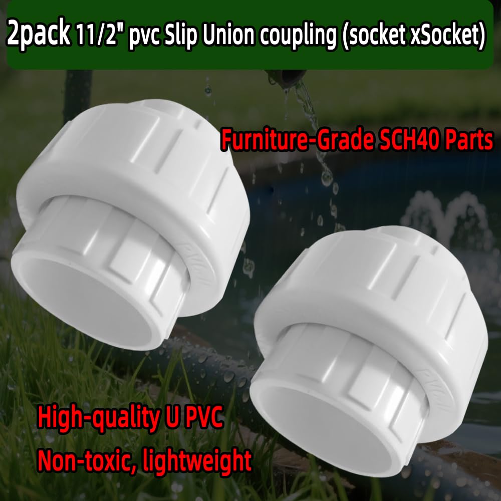 2Pcs 1-1/2" PVC Union Coupling Pipe Fitting (Socket x Socket),Schedule 40,Plumbing Fitting with EPDM O-Ring, White, 1.5" Pump Union for Spa Swimming Pool Pump, Farm Irrigation, Garden Watering.