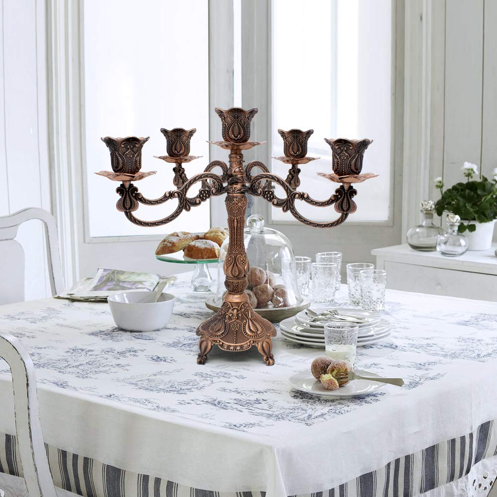 Dorlotou Metal Candelabra 5-Candle 10.1 Inch Tall Candle Holder Stick for Home Wedding Event and Party Festival,Red Bronze