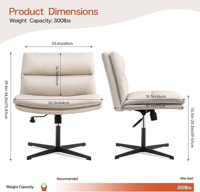 EMIAH Armless Office Desk Chair No Wheels PU-Padded Vanity Mid-Back Ergonomic
