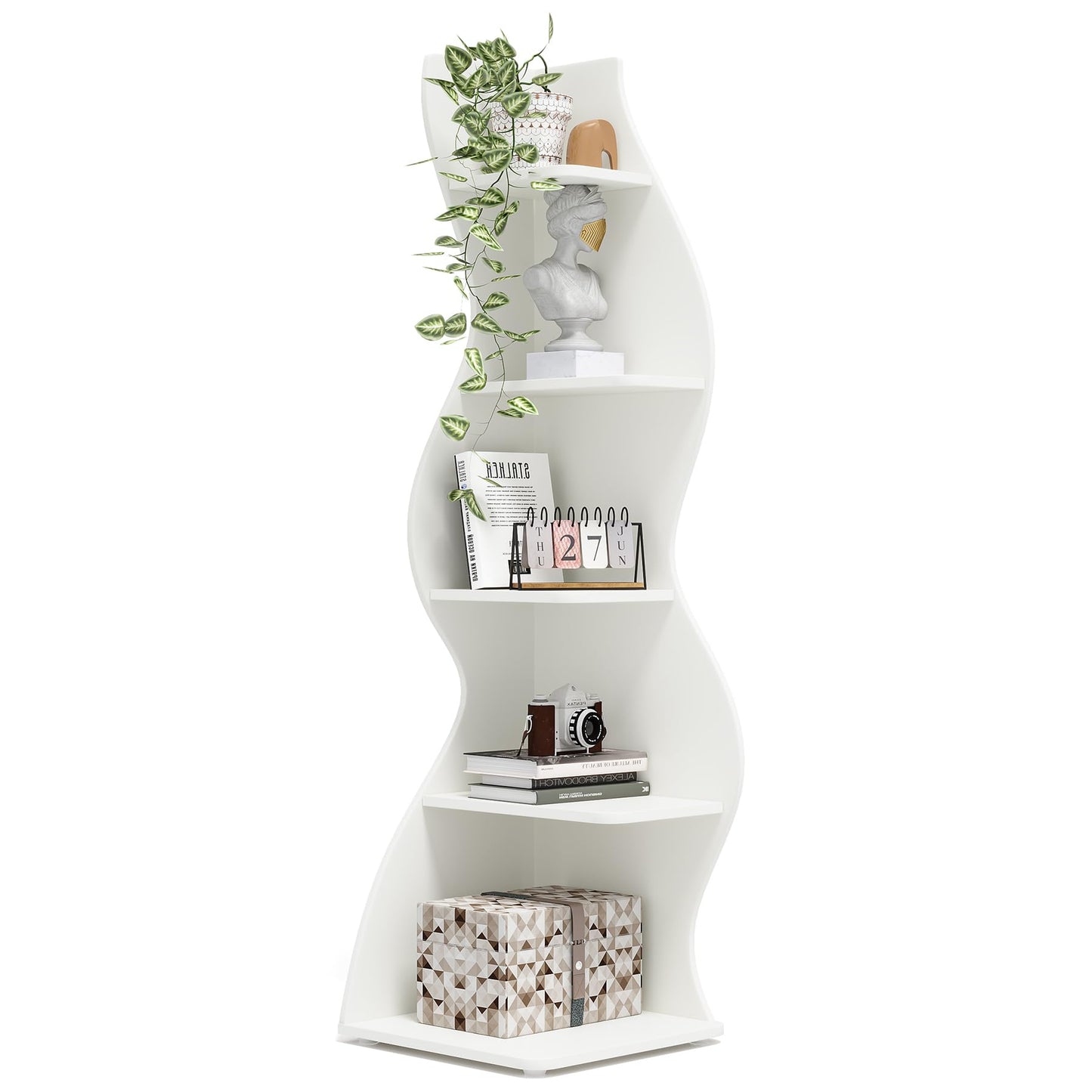 Tribesigns Corner Shelf, Modern 5-Tier Wall Corner Bookshelf, Stylish Corner Small Bookcase Storage Rack Plant Stand with Unique Shape for Living Room, Home Office (White, 1PC)