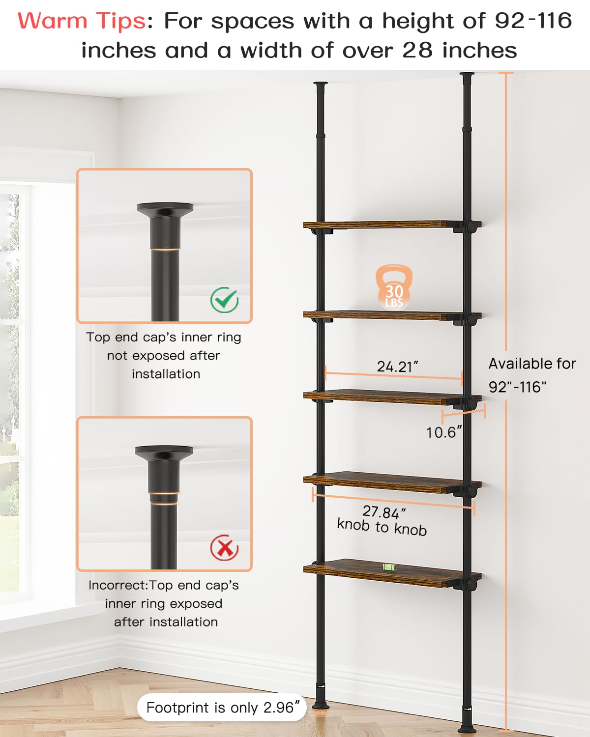 ALLZONE Adjustable Tall Narrow Bookshelf, 5-Tier Floor-to-Ceiling Tension Mount Ladder Book Shelf with Storage for Versatile Uses, Fits 92-116 Inch Ceilings, 27.84-Inch Wide Wood Shelves, Rustic Brown