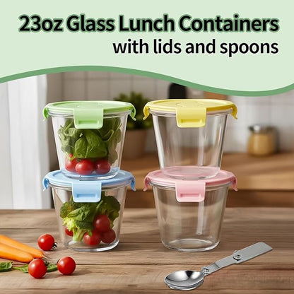 3 Cup Round Glass Soup Containers with Lids and Spoon, 24oz Round Glass Food Containers, BPA free Tall Meal Prep Bowls for Soup Leftover, Microwave, Dishwasher, and Freezer Safe (4 Packs)