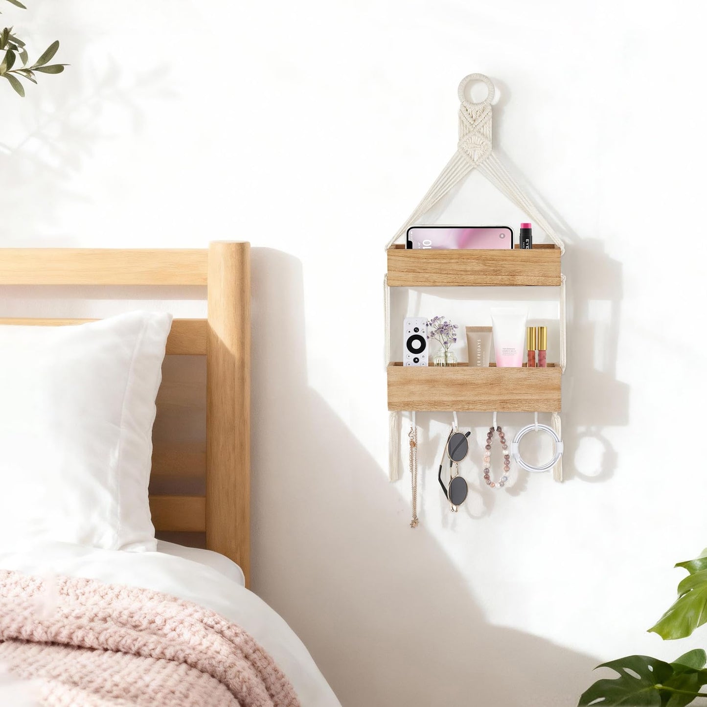 Mkono Macrame Hanging Shelves Boho Wall Decor Set of 2 and Bedside Shelf Organizer with Hooks