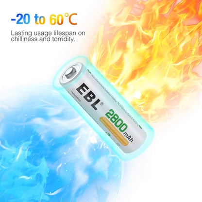EBL AA Rechargeable Batteries 2800mAh Ready2Charge Quality AA Batteries - 16 Counts