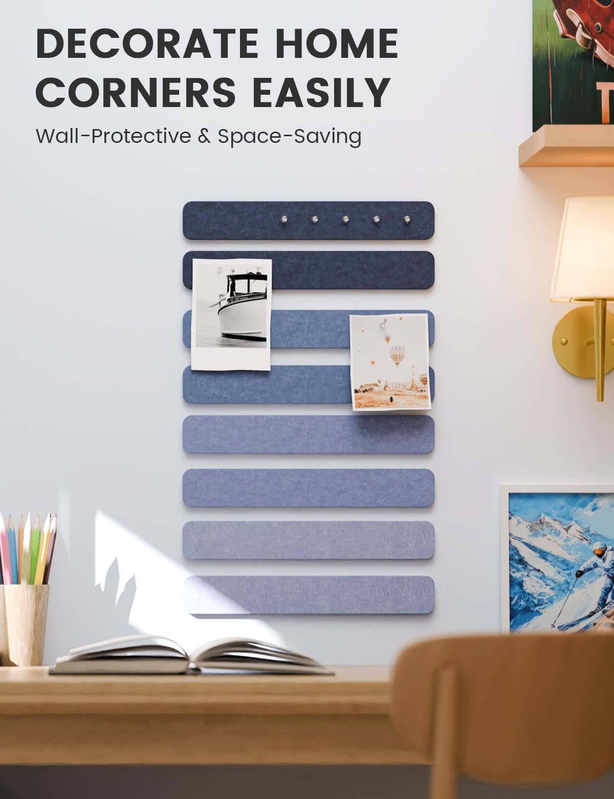 Fluxynara Cork Board Alternative Felt Strip Board 8-Pack 13"x2", Office Pin Board with 50 Push Pins, Adhesive Install for Bedroom Door & Home Office (Denim Mist)
