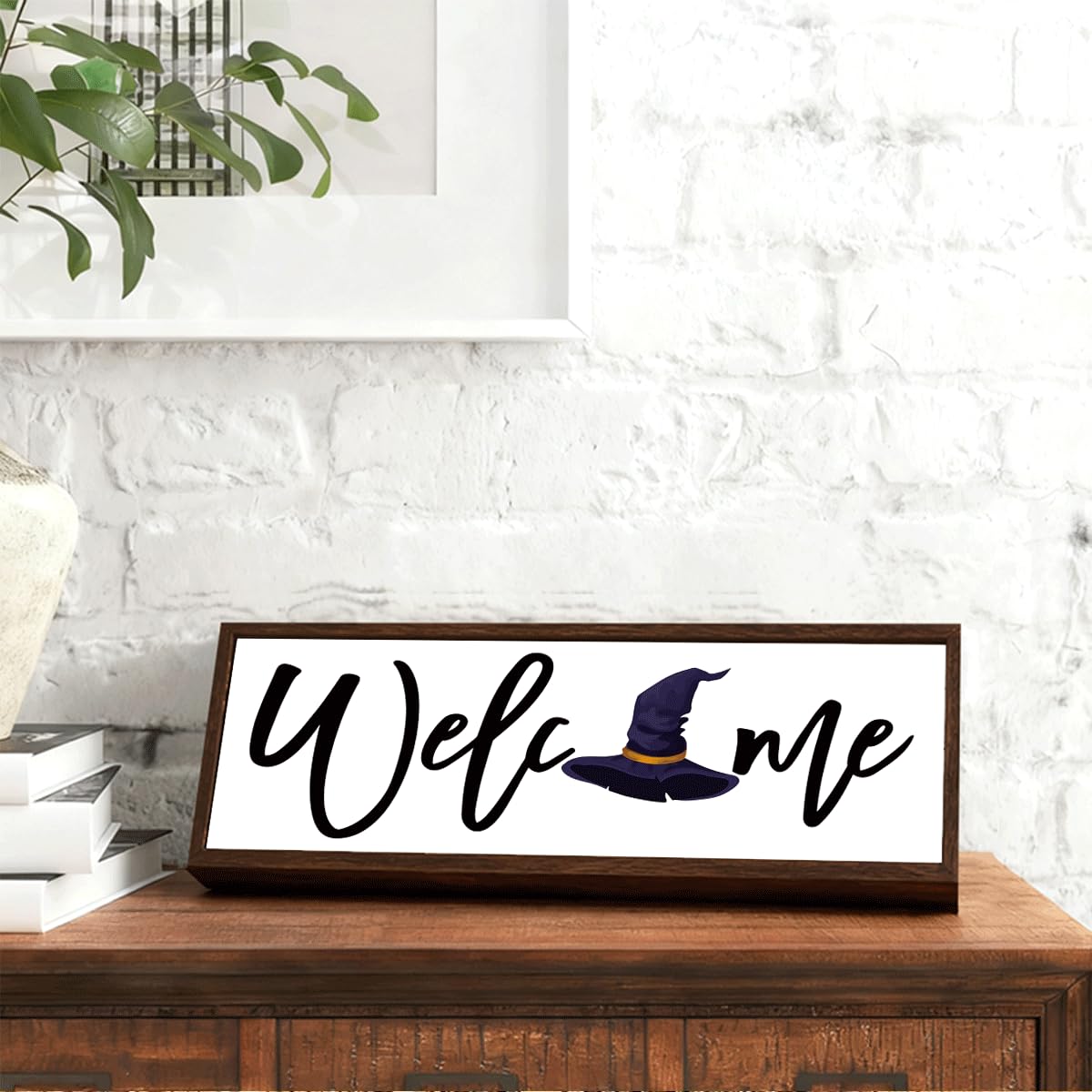 Welcome Wood Home Decor Signs, Welcome Witches Hat Wood Plaque, Home Tabletop Desk Decorative Sign, Halloween Sign, Hanging Decorative Wooden Plaque 9.5x3.1 Inches(A30)