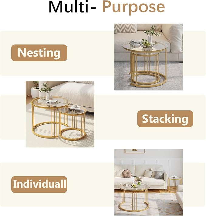 Garden 4 you Nesting Coffee Table, 23.6" Round Coffee Table Set of 2, Glass