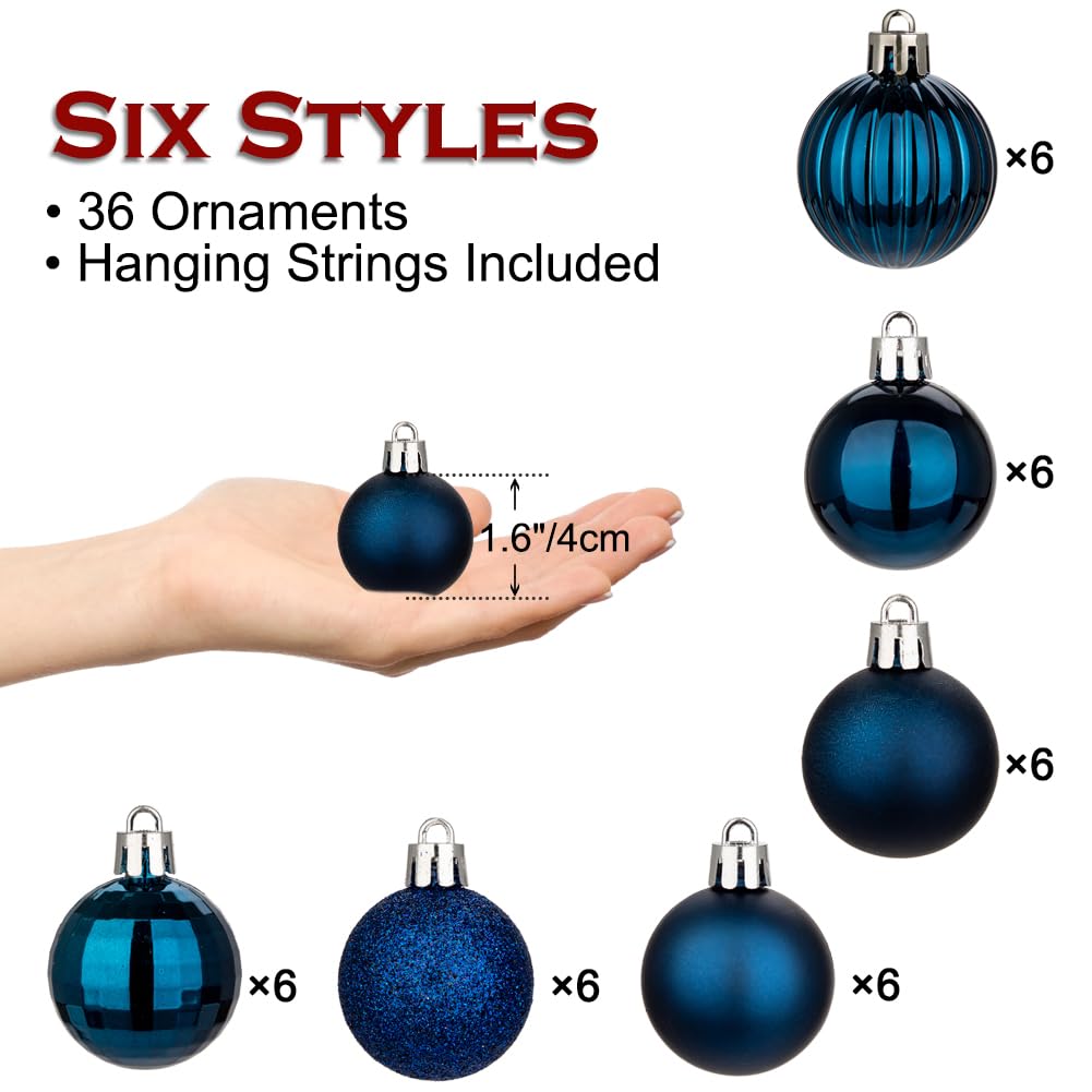 Hollyone 1.57" Navy Blue Christmas Ornaments for Christmas Tree 36 Pcs Mini Shatterproof Balls Xmas Tree Decorations Small Xmas Ornaments Ball with Hanging Loop Wedding Holiday Party Wreath Home Decor