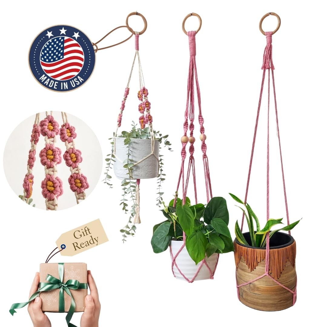 Set of 3 Macrame plant hangers with Daisies & Beads Hanging plant holder Macrame Plant hangers outdoor and indoor hanging planters Plant stand indoor Boho Decor hanging planter stand (Champagne Pink)