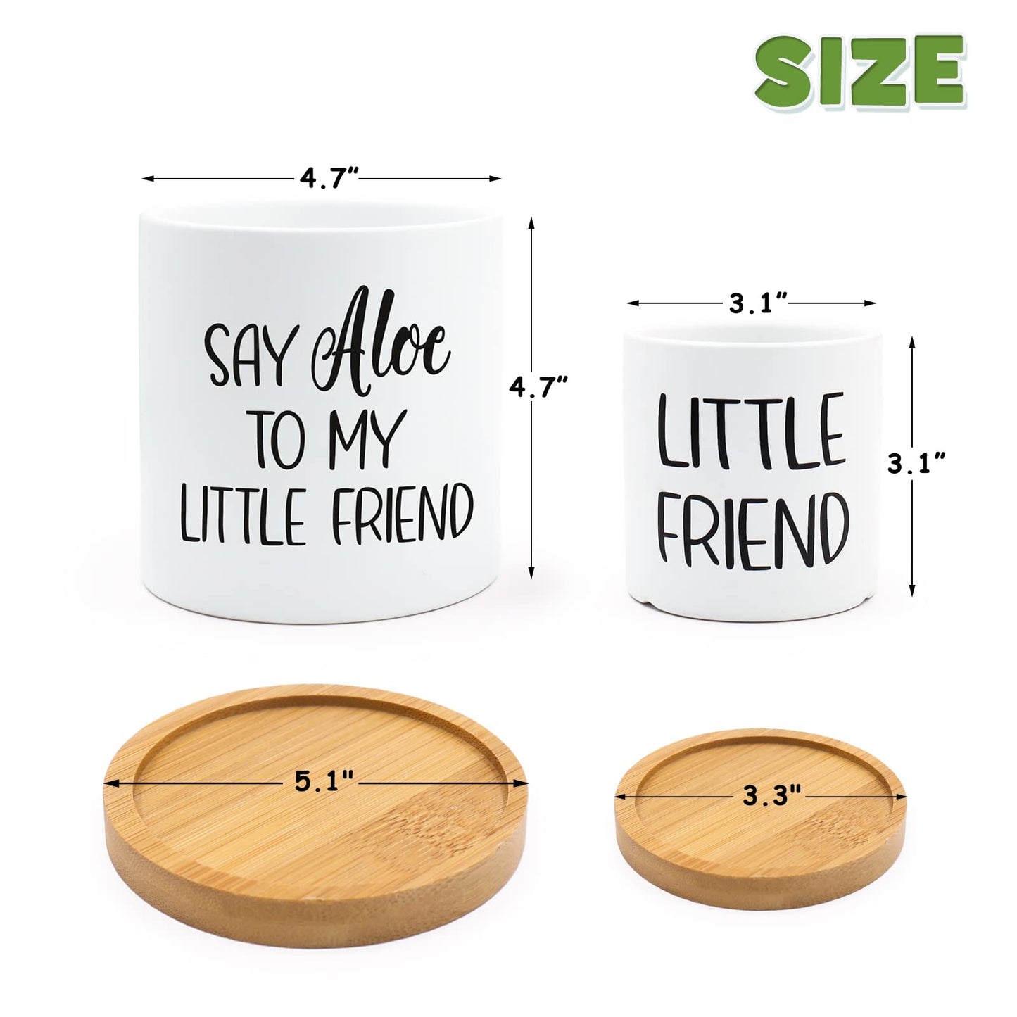 Tuitessine Say Aloe to My Little Friend Planter Plant Lover Set of 2 Spring Funny Pun Flower Pot with Bamboo Tray Ceramic Indoor Succulent Hole Spring Birthday Housewarming Gifts (No Plants)