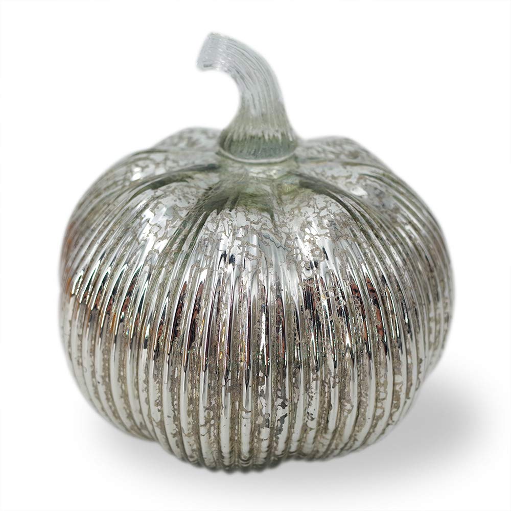 hvfun Mercury Glass Light Up Pumpkin with Timer, Fall Decoration for Home, Silver Halloween Festive Decor Lamp