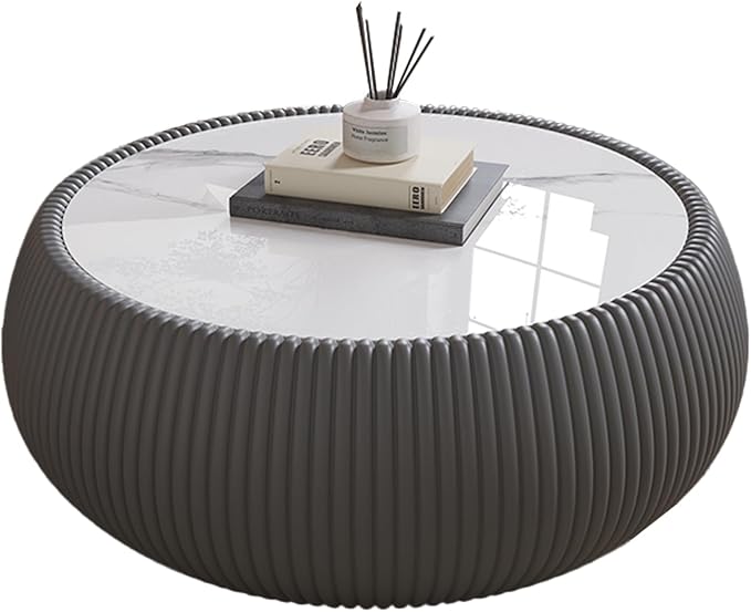 SSLine Round Drum Coffee Table Modern Sintered Stone Top Coffee Table in Grey