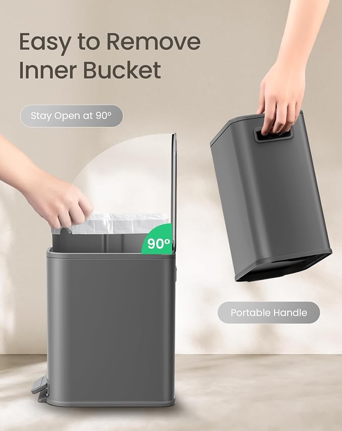 Cesun Small Bathroom Trash Can with Lid Soft Close, Step Pedal, 5 Liter / 1.3 Gallon Stainless Steel Garbage Can with Removable Inner Bucket, Waste Basket for Bathroom, Bedroom (Gray)
