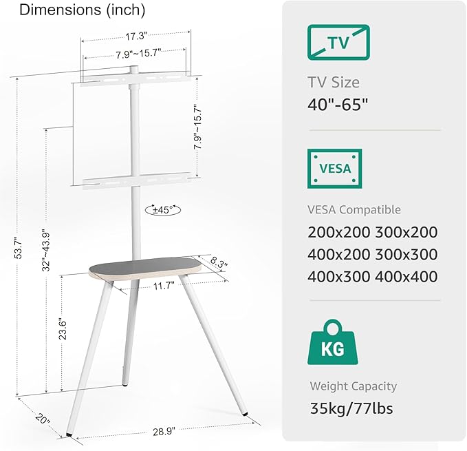 Tripod Easel TV Stand for 40 to 65 Inch LCD Led Screen, Height Adjustable and