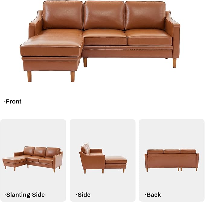 Kingfun 88" L-Shape Sofa, Faux Leather Sectional Couch, Mid Century Modern