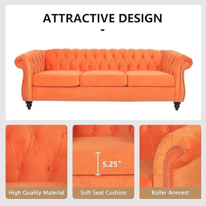 Mid-Century 3 Seater Sofa, Velvet Couch