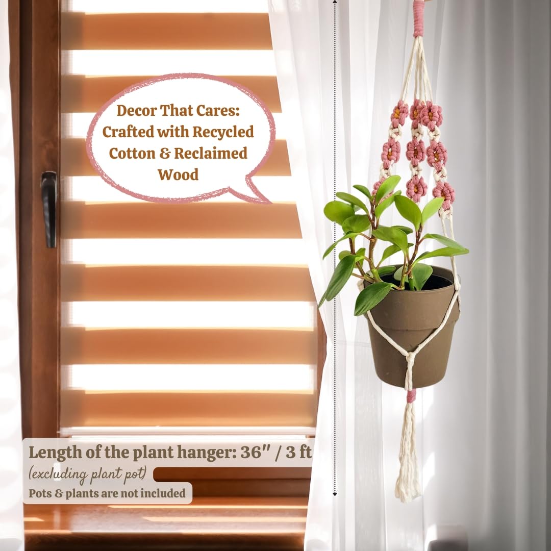 Macrame plant hanger with Daisies | Hanging plant holder | Macrame Plant hangers outdoor and indoor hanging planters Plant stand indoor Boho Decor hanging planter stand/plant shelf (Champagne Pink)