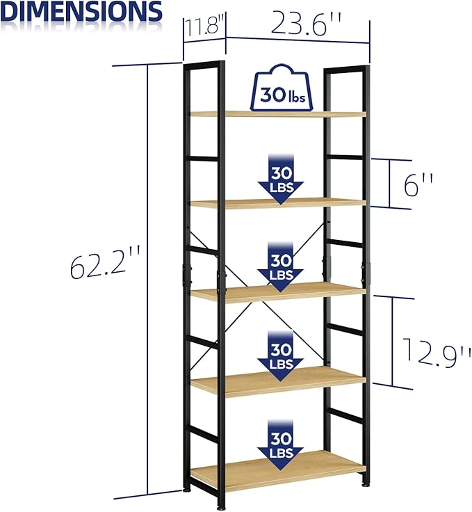 NUMENN 5 Tier Bookshelf, Tall Bookcase Shelf Storage Organizer, Modern Book