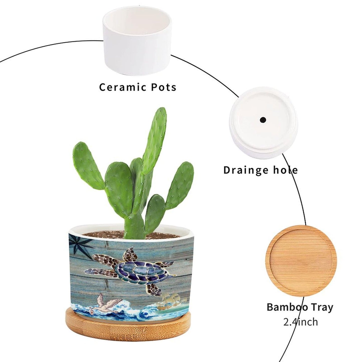 DreamAutumn Ocean Theme Sea Turtle Planter Ceramic Round Plant Pots with Drainage Holes and Bamboo Tray Planting Small Flower Pots for Home Windowsill Desk Garden Indoor Outdoor Use