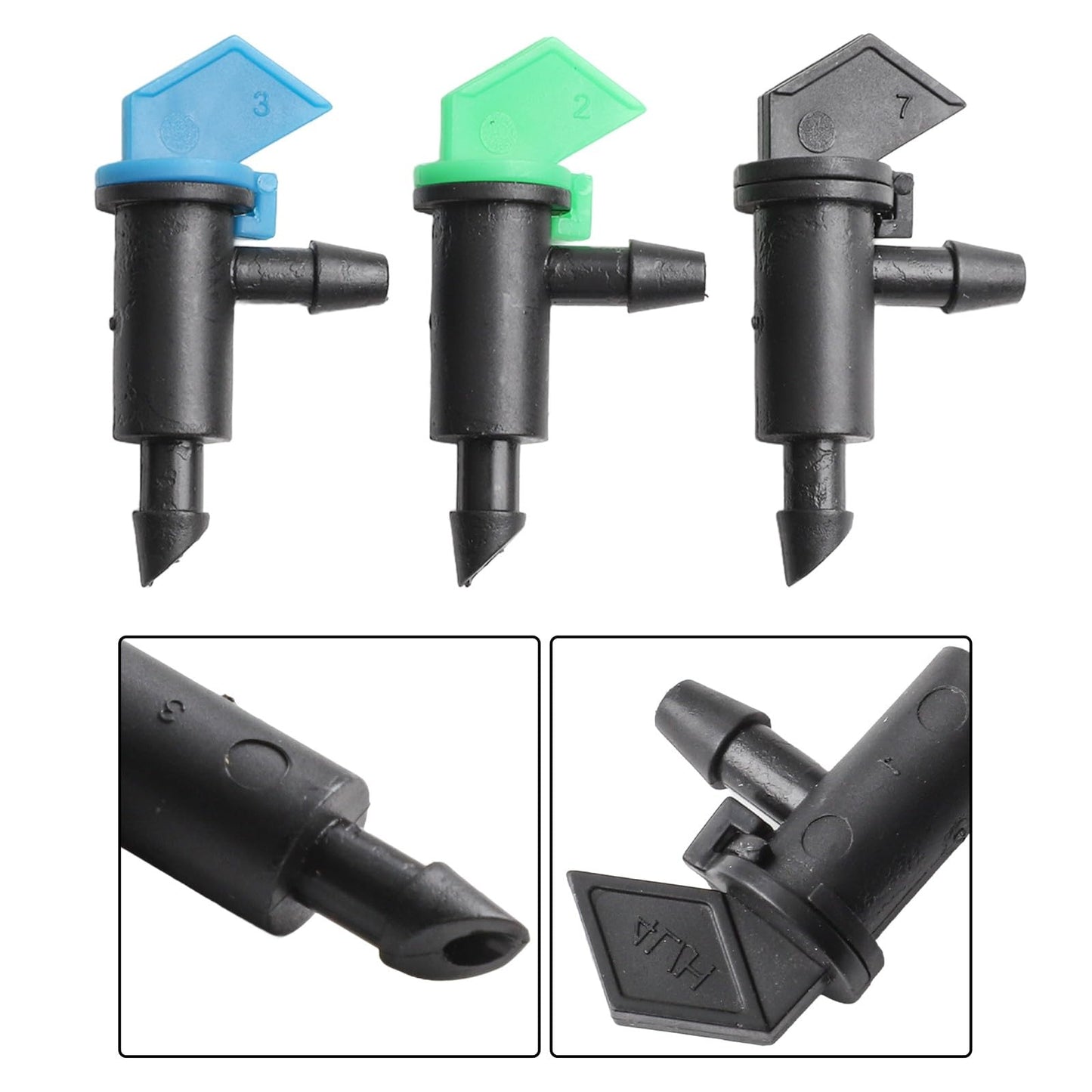 SundiooK Adjustable Flow Garden Drip Emitters, PE Plastic Irrigation Drippers with Shut-Off Valve, Fits 4/7mm Tubing for Plant Watering, 60 or 300 Packs