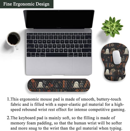Ghost Book Mousepad with Wrist Rest Halloween Computer Keyboard Mouse Pad Black Cute, Mouse Pad with Wrist Rest for Computer Keyboard, 2 In1 Mousepad with Wrist Support Easy Typing&Relieve Wrist Pai