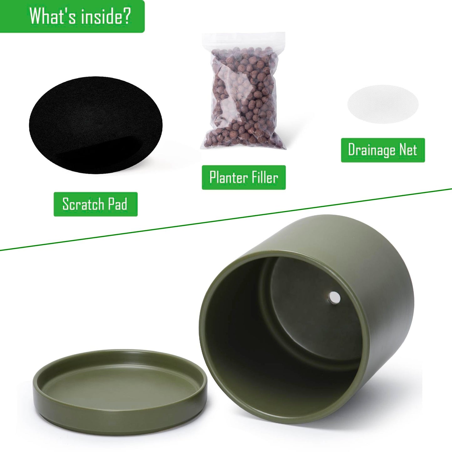 D'vine Dev 10 Inch Ceramic Planter Pot with Drainage Hole and Saucer, Indoor Cylinder Round Planter Pot, Olive, 94-O-E-J