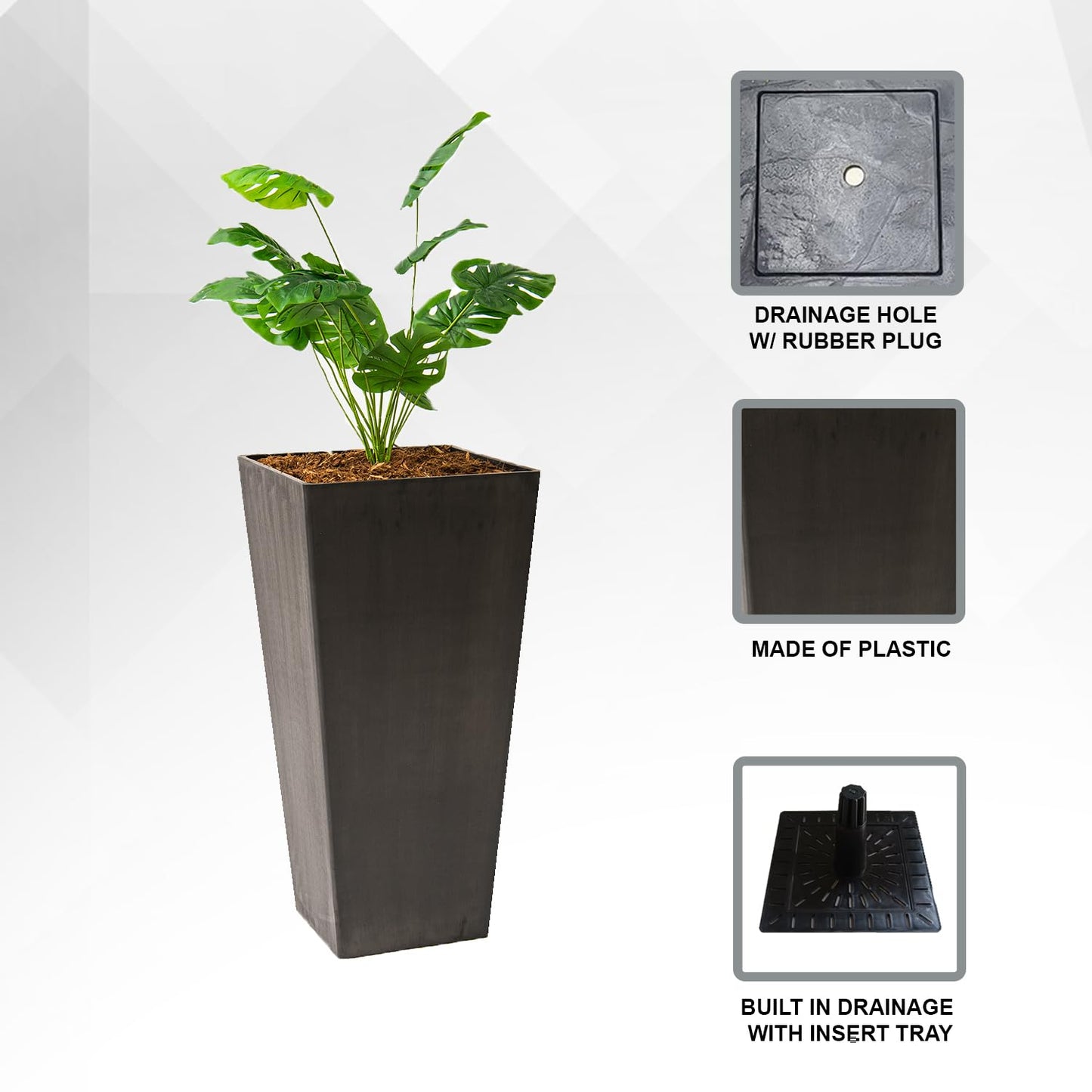 XBrand Modern 28-Inch Square Planter, Modern Tapered Black Perfect for Indoor & Outdoor, Patio Décor, Black