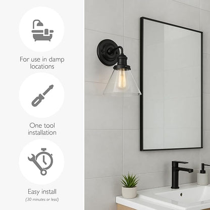 Design House Augustin Wall Sconce, 1-Light, Seeded Glass Warm Glow, Dimmable, Up/Down Glow, Easy Installation, E26 Socket, Black, 7.9 in L x 8.5 in D x 11.1 in H, 589028-BLK