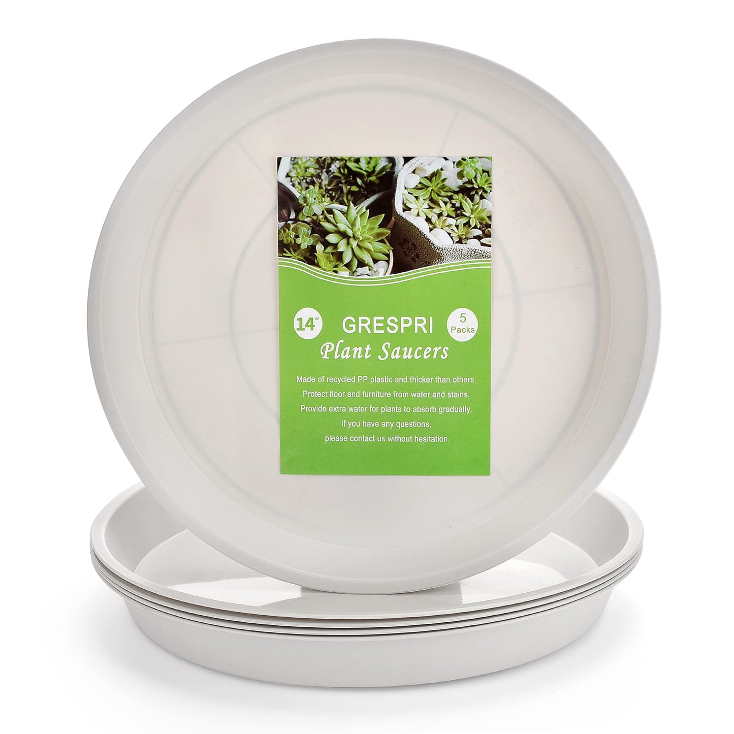 GRESPRI 14-Inch White Plant Saucers for Indoors,5 Packs Sturdy Plastic Plant Trays for Pots Up to 12" Base.14-Inch Flower Pot Saucers for Outdoors.