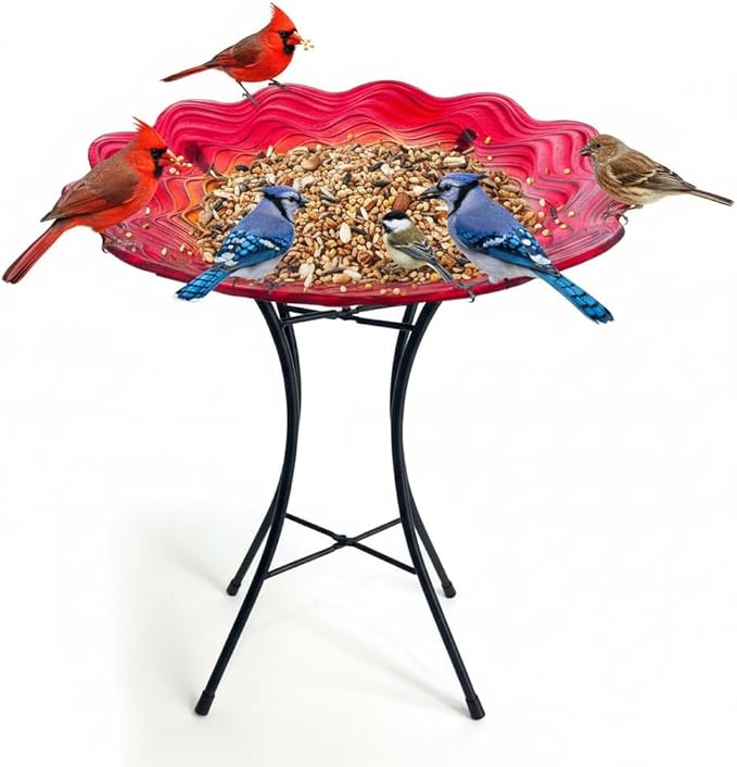 HONGLAND Bird Bath for Outside,15" Diameter Large Glass Birdbaths for Outdoors,Detachable Bird Baths Bowl with Metal Stand for Garden Patio Lawn Decor,19" Height - Red