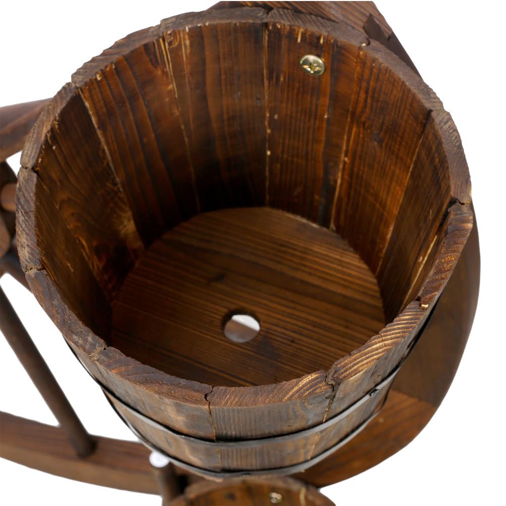 CWKISS Rustic Wooden Wagon Wheel Barrel Planter – Fir Wood Outdoor & Indoor Garden Cart Planter with 4 Metal-Banded Barrels, Decorative Flower Display for Patio, Porch, Yard, or Home