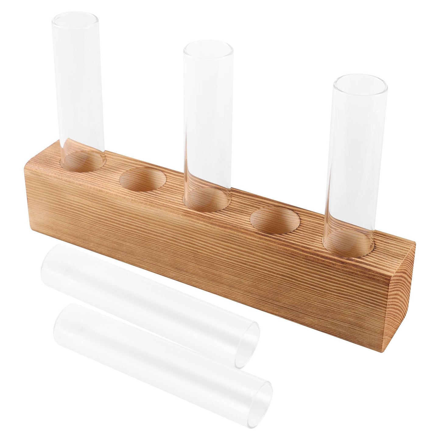 PATKAW Glass Hydroponic Plant Vase with 5-Hole Wooden Stand, Tabletop Test Tube Planter for Home Décor, Succulent Terrarium and Air Plant Propagation Station