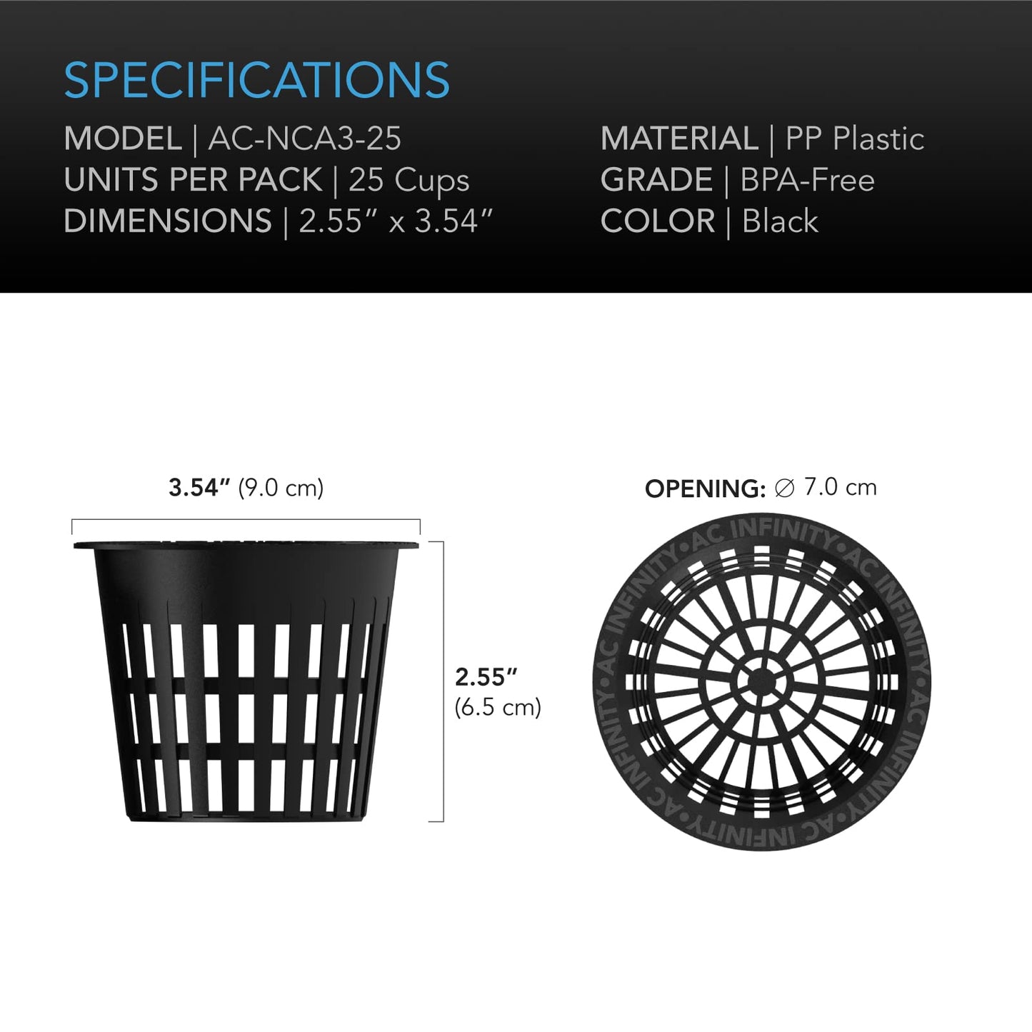 AC Infinity Net Cups 3-Inch, Heavy Duty Garden Slotted Net Pots with Wide Lip Rims, 25-Pack Black Bucket Basket for Indoor Outdoor Growing, Orchids, Aquaponics, Hydroponics
