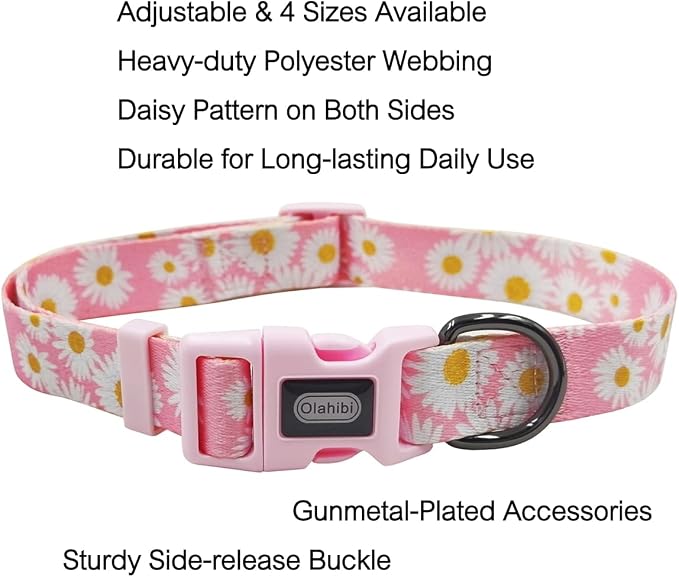 Dog Collar Leash Set, Floral Pattern, Polyester Material, Adjustable Collar and 5ft Matchcing Leash, for Large Dogs.(L, Light Pink Daisy)