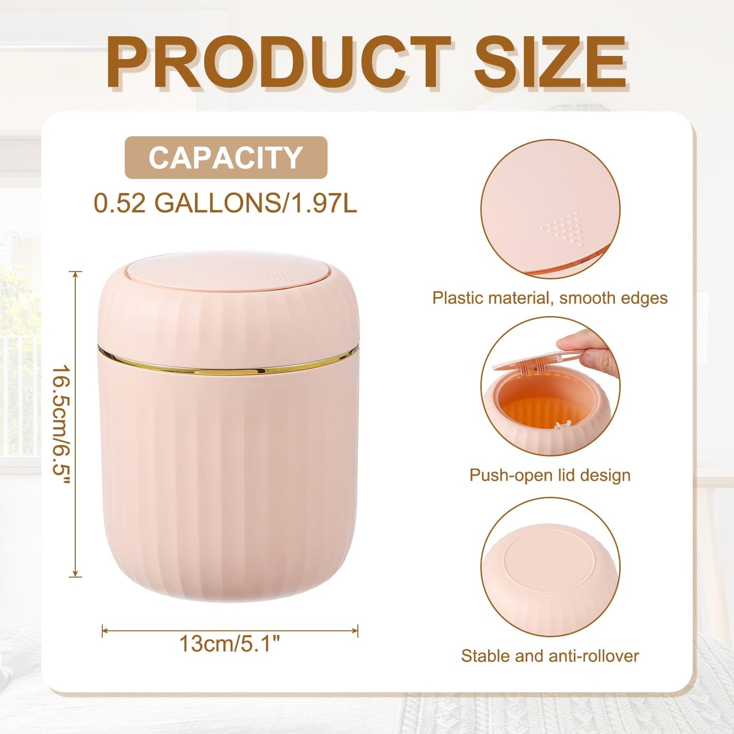 uxcell Mini Trash Can with Lid, Desktop Small Recycling Cute Trash Can, 2.2L/0.58 Gallon Suitable for Office Bathroom, Kitchen, Living Room, Bedroom, Pink