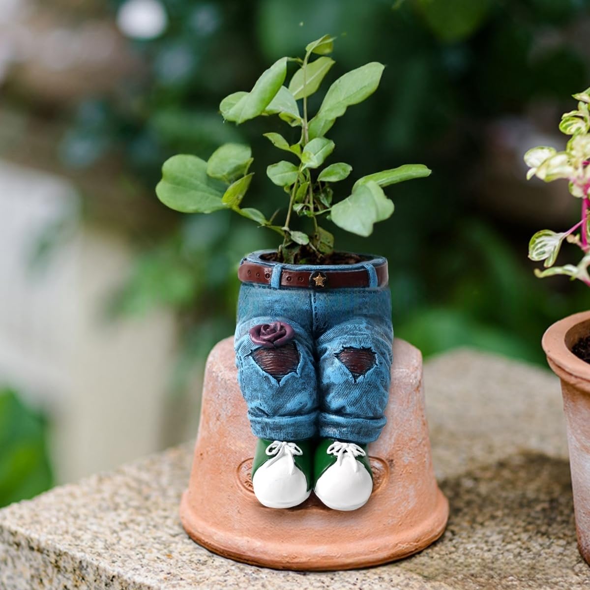 Creative Denim Pants Outdoor Flower Pots, Small Cute Resin Planters Indoor Plant Pot Decorative Garden Yard Table Ornaments Jeans Denim Pants Shape Figurines Statues for Home Living Room Outdoor