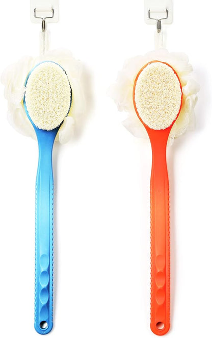 Shower Body Brush with Bristles and Loofah,Back Scrubber Bath Mesh Sponge with Curved Long Handle for Skin Exfoliating Bath, Massage Bristles Suitable for Wet or Dry, Men and Women(Orange)
