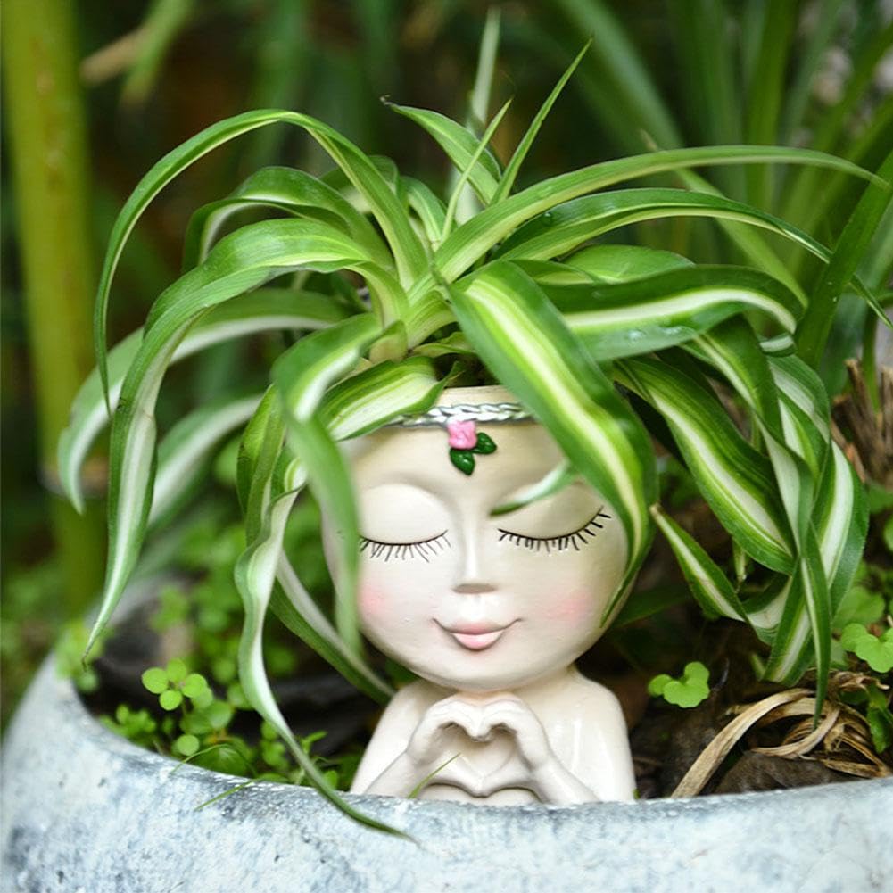 Face Planter Pot with Heart Hands, Unique Resin Head Planter for Indoor Plants, Cute S-ucculent Pots with Drainage Hole, Decorative Makeup Brush Holder for Vanity, for Women