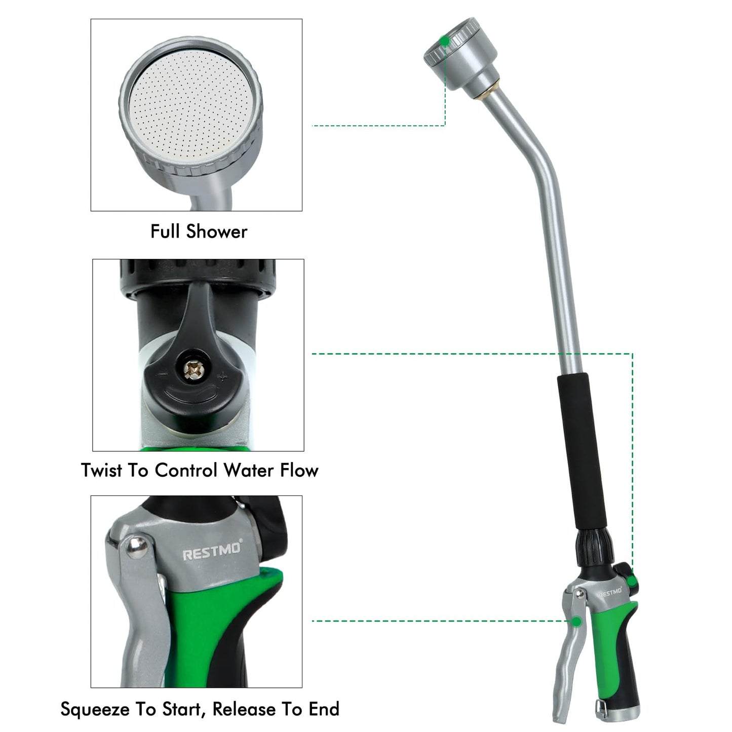 RESTMO Long Watering Wand, 24 Inches Gentle Soft Full Shower Sprayer Wand with Flow Control, Heavy Duty Metal Hose Wand for Hanging Baskets, Shrubs, Plants, Flowers, Garden and Lawn