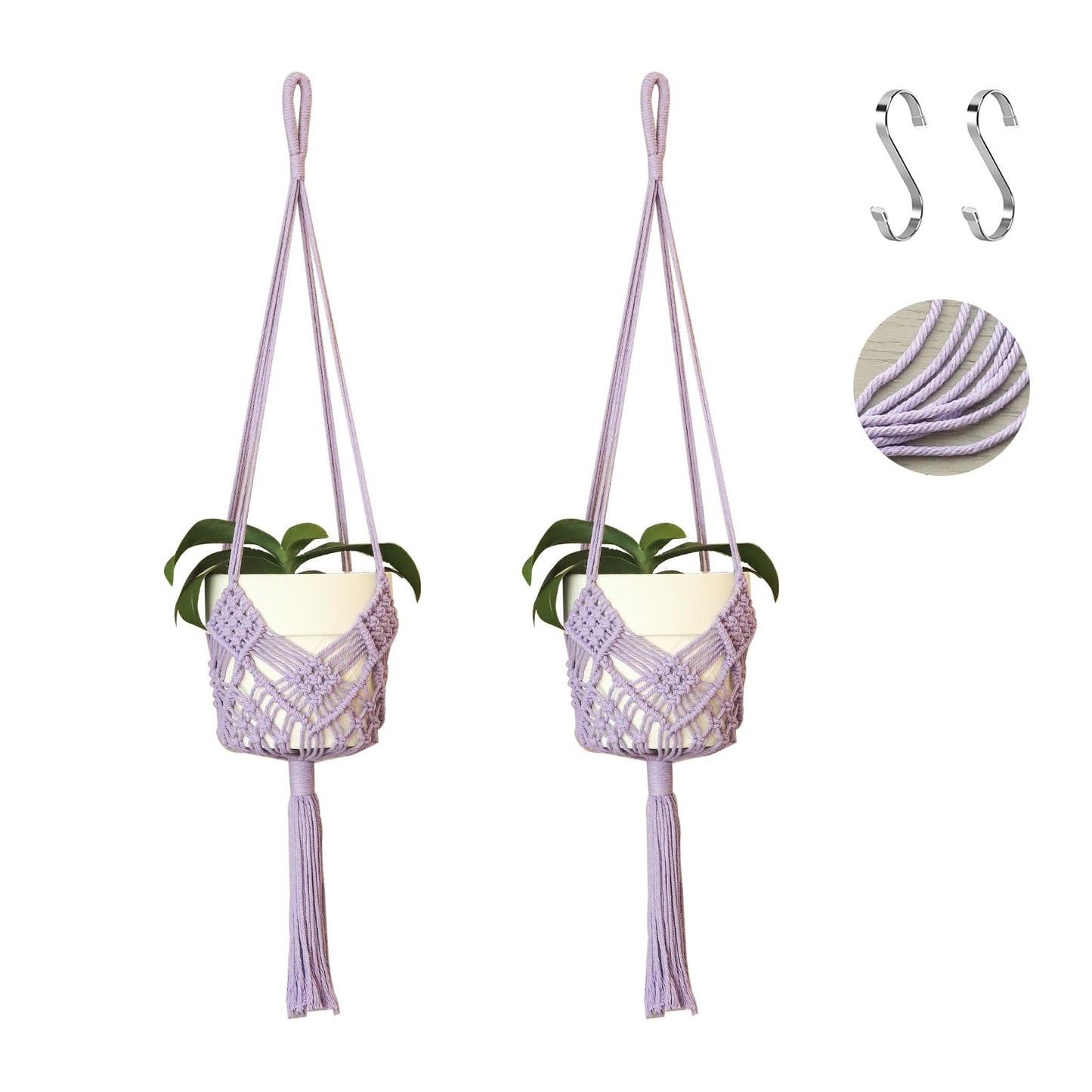 XINBOR Hanging Planter with Patterns,2Packs Macrame Plant Hangers Indoor Macrame for up to 8 inch Pot Crochet Boho Plant Hanger Holder for Indoor Outdoor with 2S Shaped Stainless Steel Hooks (Purple)