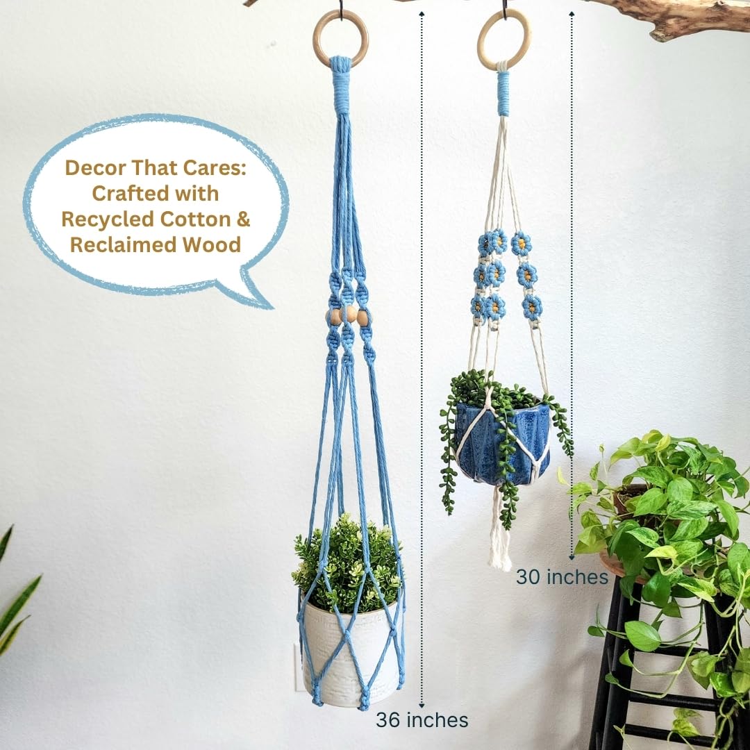Set of 2 Macrame plant hanger with Daisies & Beads | Hanging plant holder Macrame Plant hangers outdoor and indoor hanging planters Plant stand indoor Boho Decor hanging planter stand (Cloudy Day)
