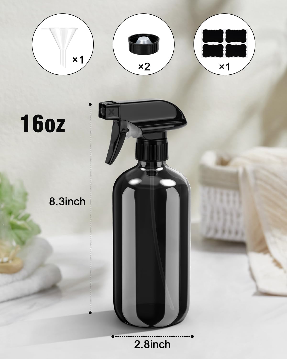 Bontip Glass Spray Bottle, Black Glass Spray Bottle Set & Accessories Refillable for Plants Window Cleaners Aromatherapy Facial hydration Watering Flowers Hair Care (2 Pack/16oz) (Black)