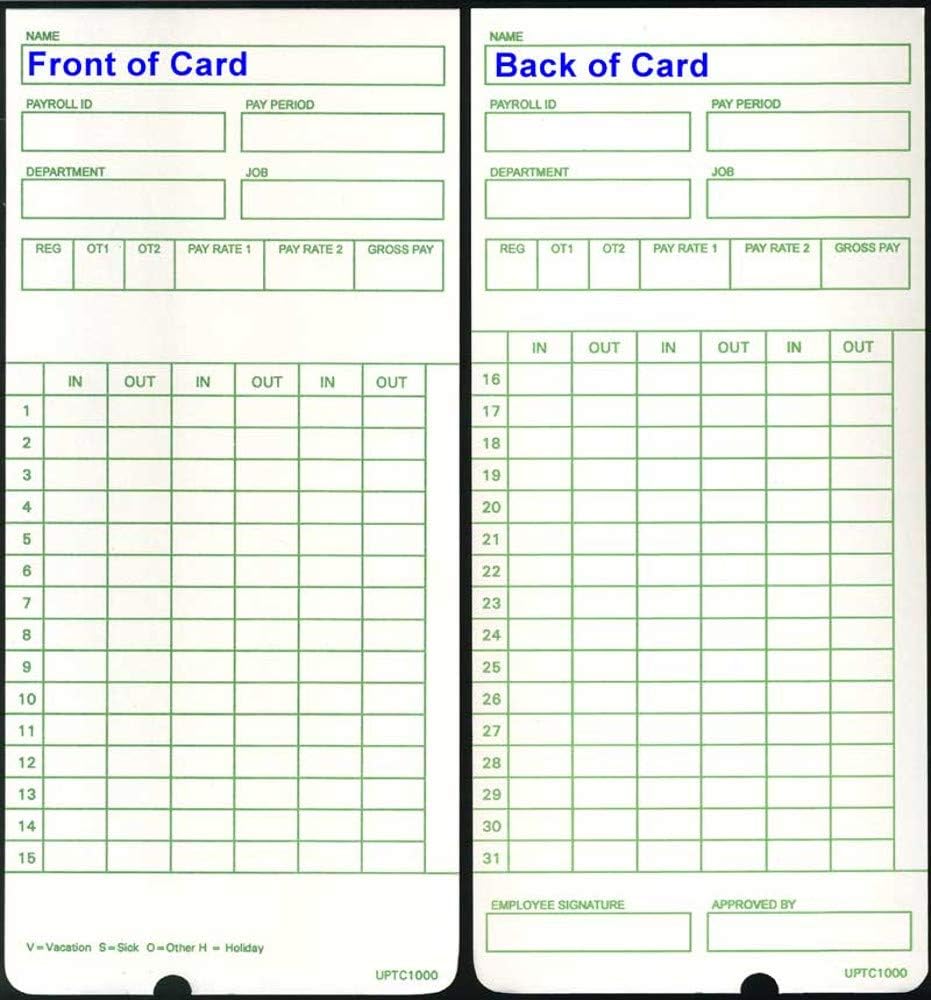 300 Time Cards for uPunch HN3000 AutoAlign Time Clock (uPTC1000-1 fits HN1000, HN1500, HN3000, HN3500, HN3540, UB1000) Non-Calculating Compatible