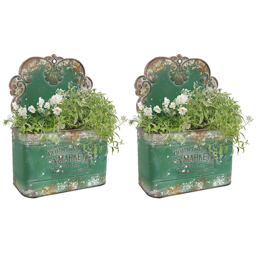 All Chic Set of 2 Metal Hanging Wall Planters Outdoor Indoor Mail Wall Mounted Planter Antique Shabby Chic Wall Decor (Green)