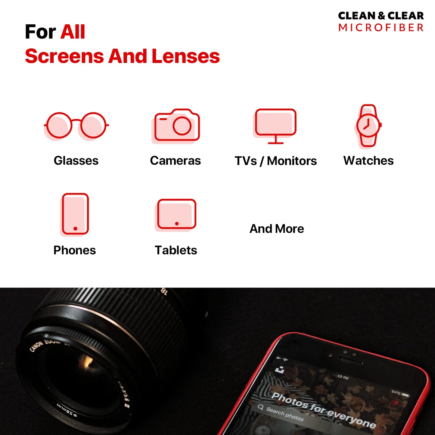 Clean & Clear Microfiber Cleaning Cloth, EXTRA LARGE [8 Pack] ULTRA PREMIUM Microfiber Cleaning Cloth - Microfiber Cloth for Camera Lens, Glasses, Screens, and all Lens.