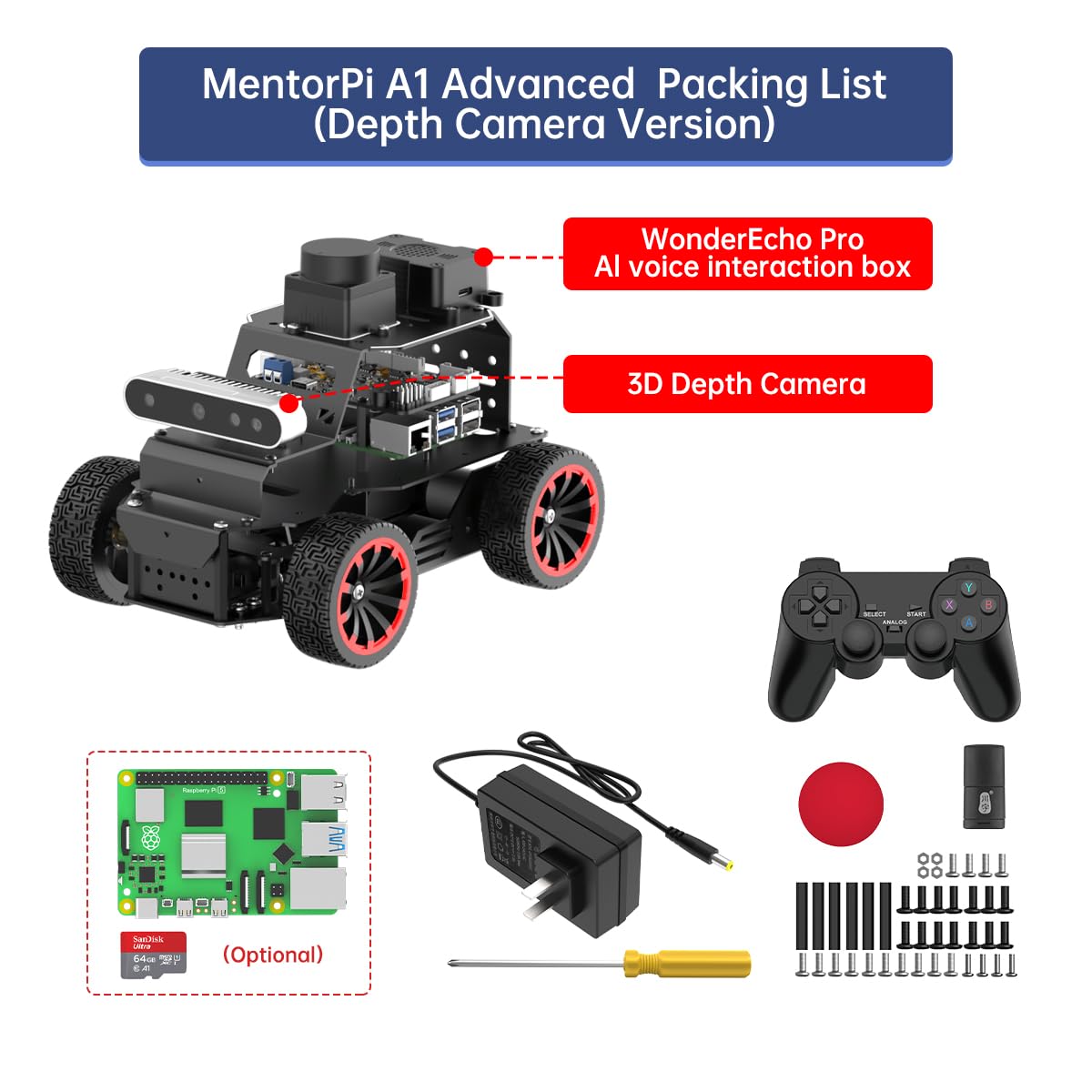 LewanSoul Robot Car Kit with ChatGPT Large AI Model, 3D Depth Camera & Lidar, ROS2 Humble SLAM Mapping Navigation, Python Robotics for Adults, MentorPi A1 Advanced Kit (No Raspberry Pi)